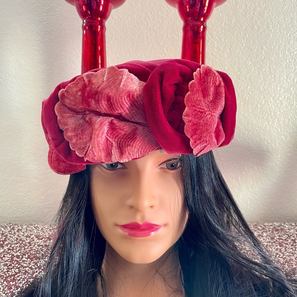 Accessories - Vintage Velvet Leaves Hat Pink & Red Hat 60s Hat Union Made
